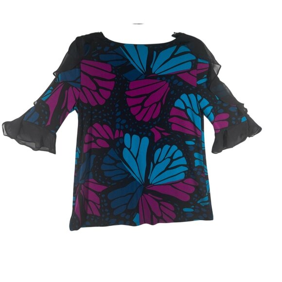Bold Elements Womens Blouse Medium Abstract Print Chiffon Ruffle Sleeves NEW - Picture 2 of 9